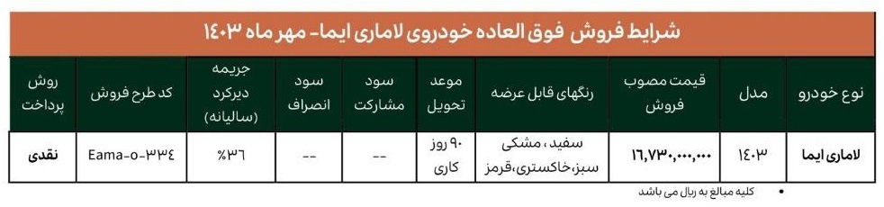 فروش فوری لاماری ایما ویژه مهرماه آغاز شد+ قیمت