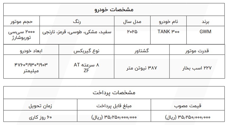 فروش فوری خودرو تانک ۳۰۰ در ایران آغاز شد+ قیمت