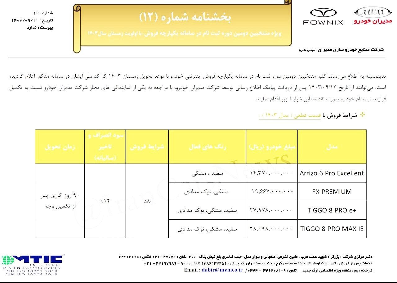 فروش ۴ محصول شرکت مدیران خودرو به قیمت کارخانه