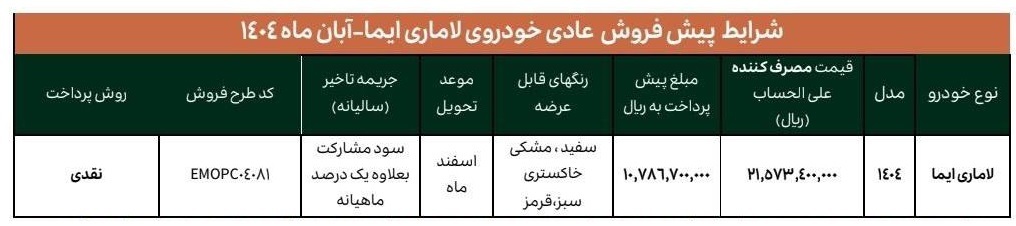 فروش جدید لاماری ایما ویژه آبان 1404 آغاز شد + قیمت فروش جدید لاماری ایما ویژه آبان 1404 آغاز شد + قیمت