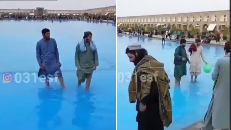 آب‌بازی طالبان در حوض میدان نقش جهان اصفهان سوژه شد + ویدیو