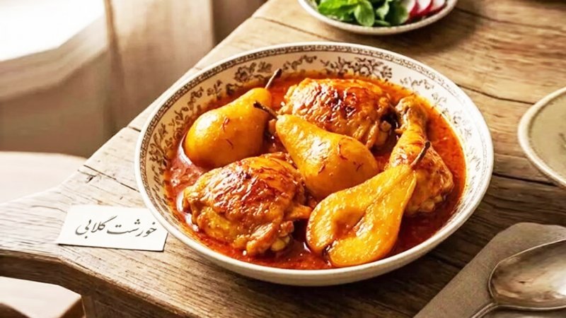 خورشت گلابی با مرغ؛ ترکیب هوشمندانه طعم‌های میوه‌ای و زعفرانی
